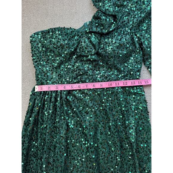 NWT Faeriesty Formal Dress Gown Sz Large Dark Green Sequin One Shoulder Mermaid - Picture 14 of 16